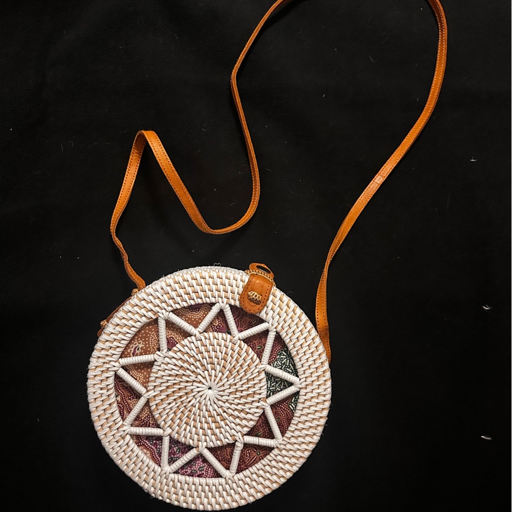Handcrafted Round Rattan Bag with Tan Strap